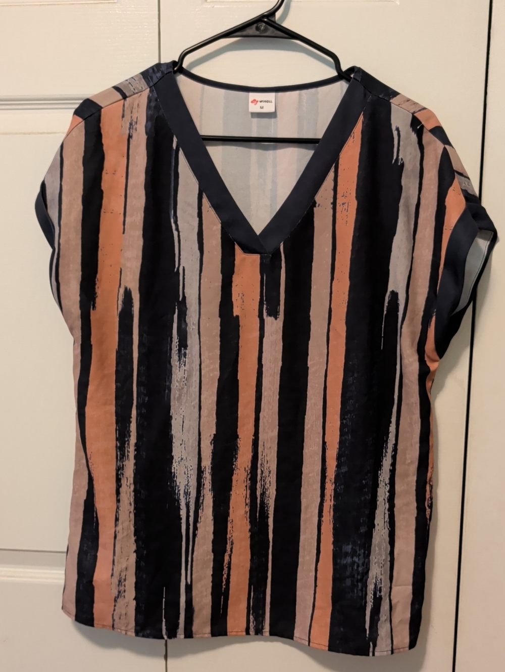 V-Neck Vertical Stripe Blouse in Black & Peach